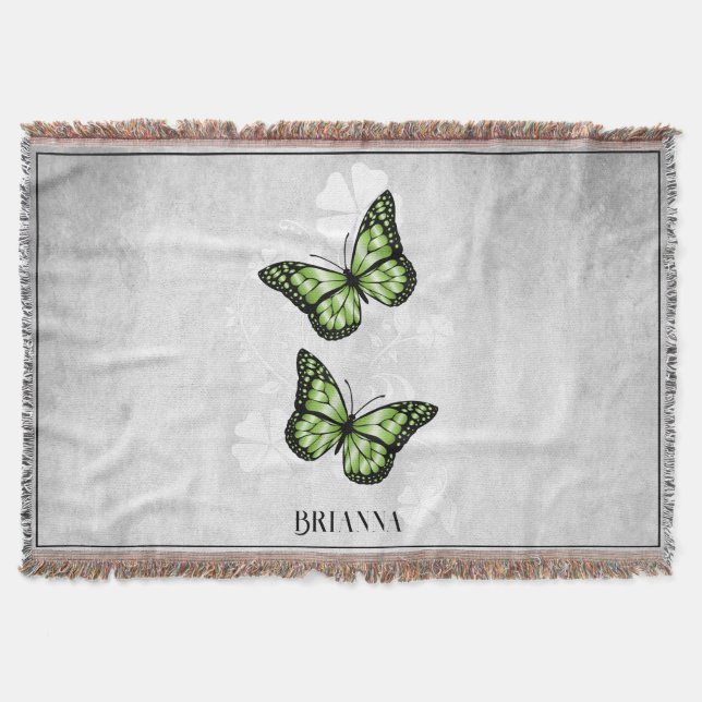 Green Butterfly Floral Personalized Throw Blanket (Front)