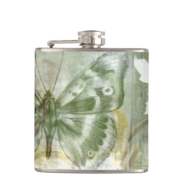 Green Butterfly Inset with Ironwork Gate Hip Flask (Front)