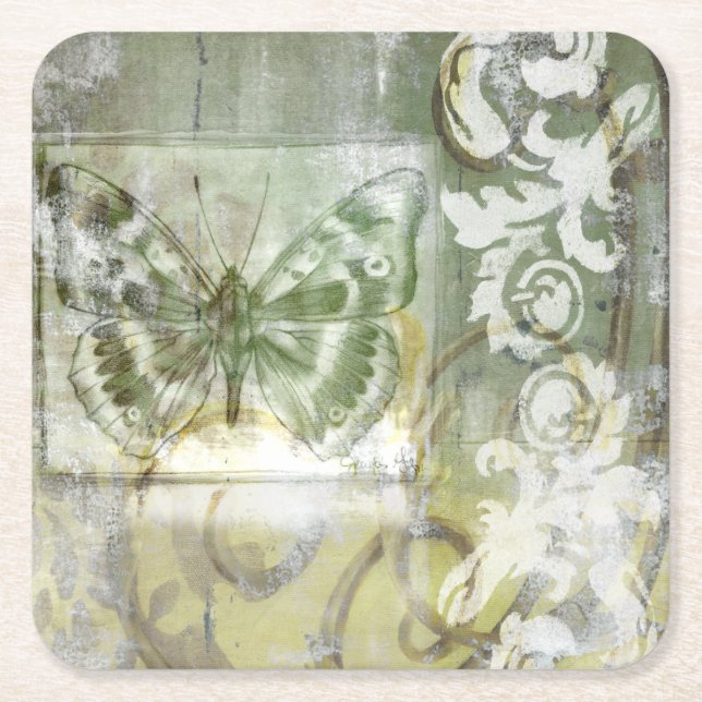 Green Butterfly Inset with Ironwork Gate Square Paper Coaster (Front)