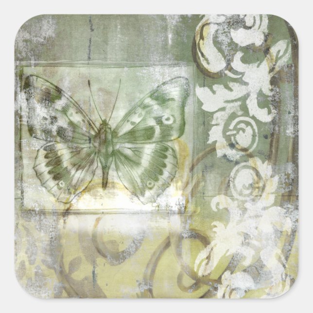 Green Butterfly Inset with Ironwork Gate Square Sticker (Front)