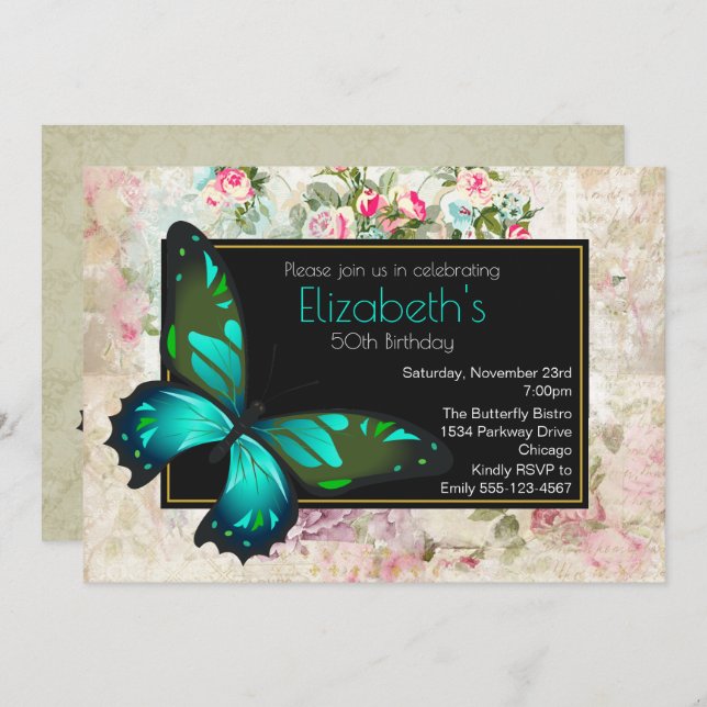 Green Butterfly on a Vintage Collage Birthday Invitation (Front/Back)