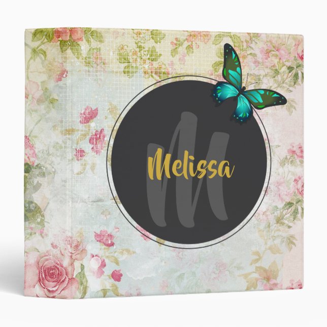 Green Butterfly on Chic Vintage Collage Monogram Binder (Front/Spine)
