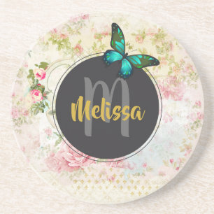 Green Butterfly on Chic Vintage Collage Monogram Coaster