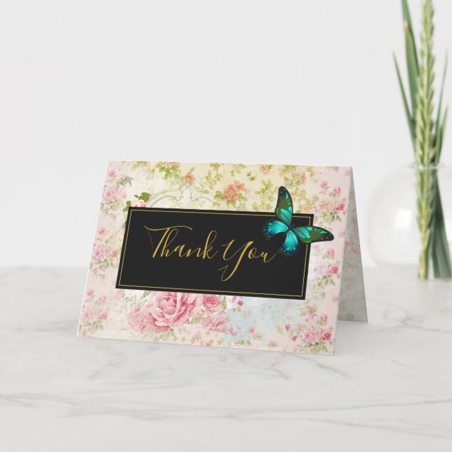 Green Butterfly on Chic Vintage Collage Thank You (Front)