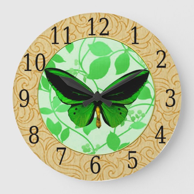 Green Butterfly On Green Leaves Clock (Front)