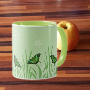 Green butterfly on light green - romantic mug
