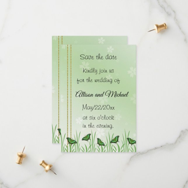 Green butterfly on light green -  save the date (Front/Back In Situ)