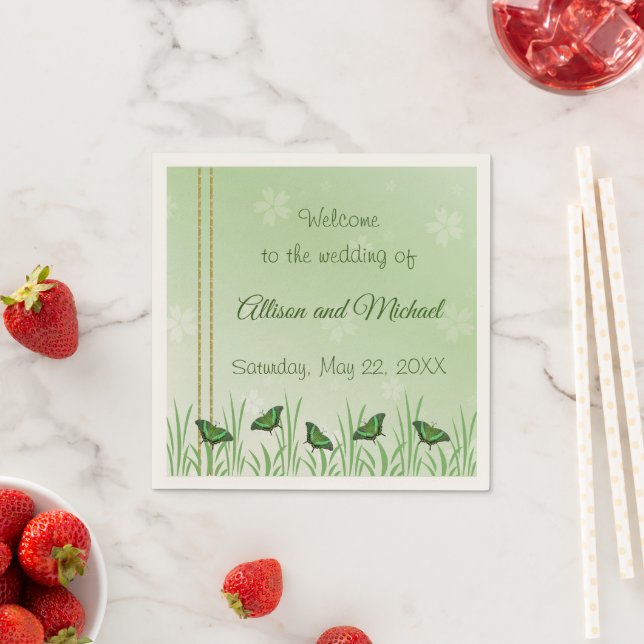 Green butterfly on light green - wedding  napkin (Insitu)