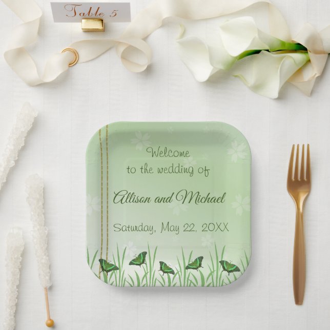 Green butterfly on light green - wedding   paper plate (Wedding)