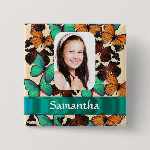 Green butterfly pattern photo template 2 inch square button