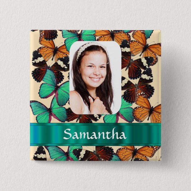 Green butterfly pattern photo template 2 inch square button (Front)