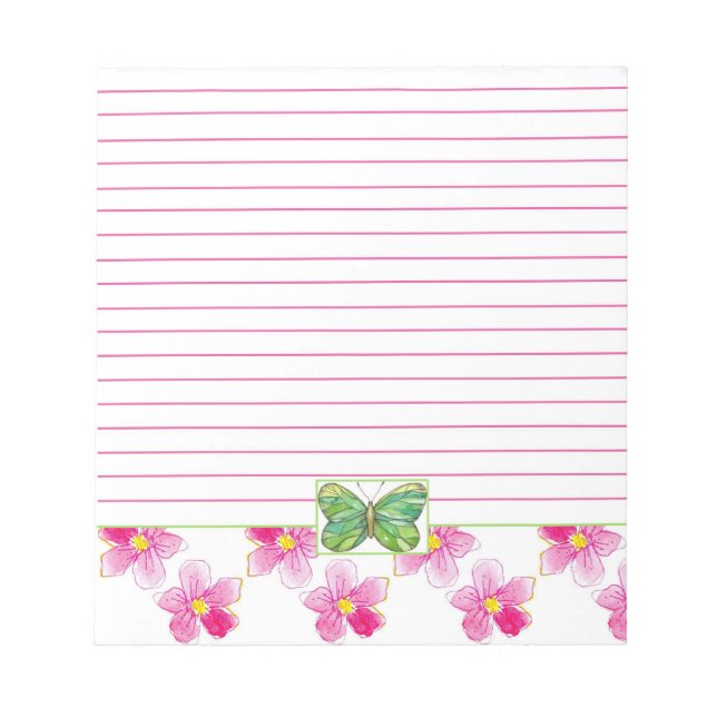 Green Butterfly Pink Watercolor Flowers Lined Notepad (Front)