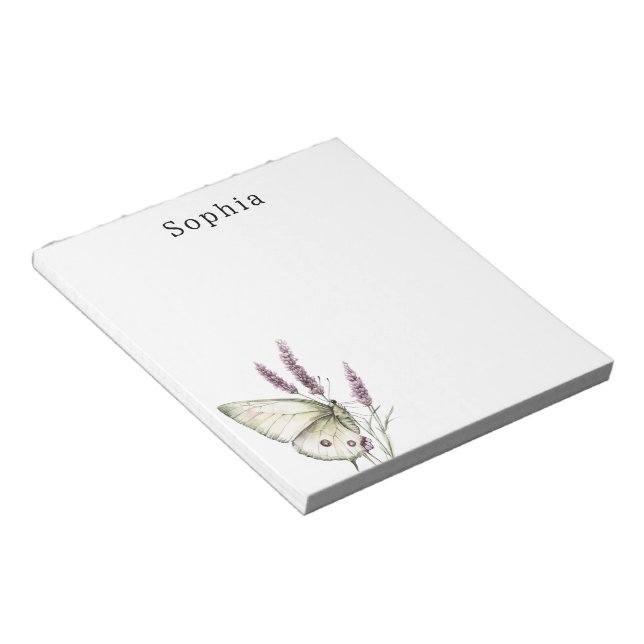 Green Butterfly Purple Floral Personalized Name Notepad (Angled)