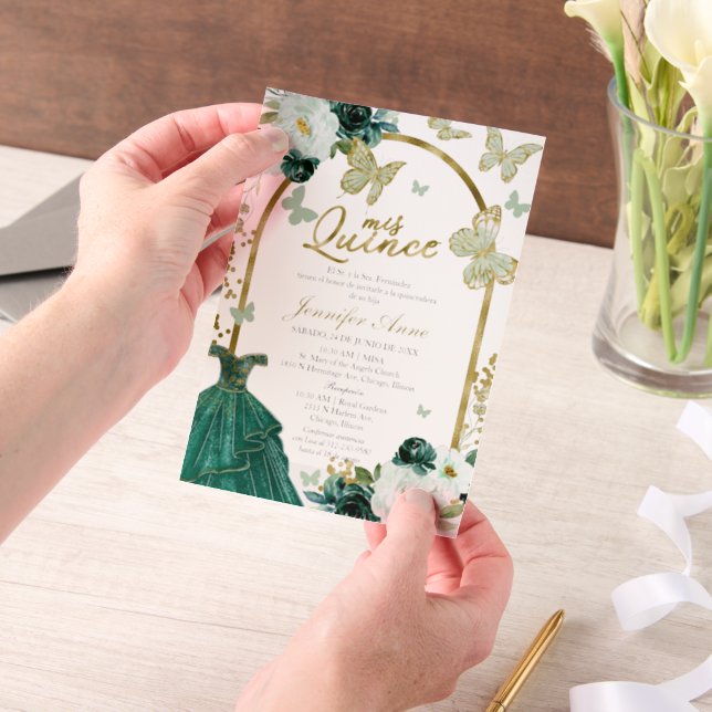 Green Butterfly Spanish Quinceanera Vellum Invitations (Handheld)