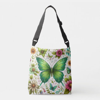 Green Butterfly surrounded by flower Crossbody Bag