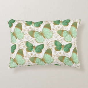 Green Butterfly White Floral Flower Blossom Accent Pillow