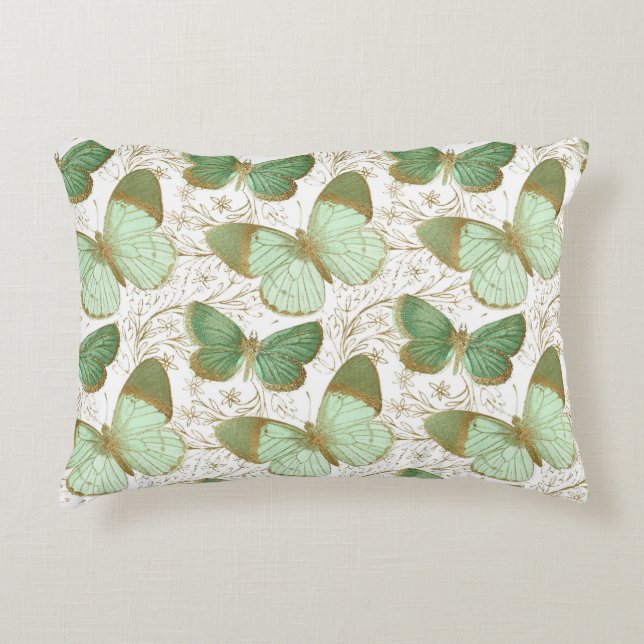 Green Butterfly White Floral Flower Blossom Accent Pillow (Front)
