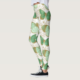 Green Butterfly White Floral Flower Blossom Leggings