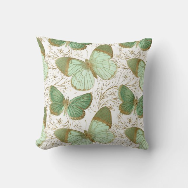 Green Butterfly White Floral Flower Blossom Throw Pillow (Front)