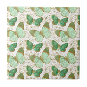 Green Butterfly White Floral Flower Blossom Tile