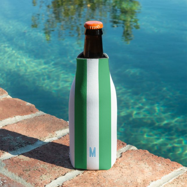 Green Cabana Stripe & Personalized Blue Monogram Bottle Cooler (In Situ Pool)