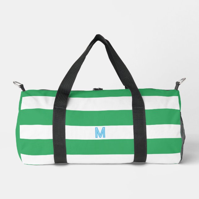 Green Cabana Stripe & Personalized Blue Monogram Duffle Bag (Front)