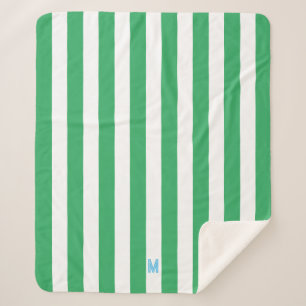 Green Cabana Stripe & Personalized Blue Monogram Sherpa Blanket