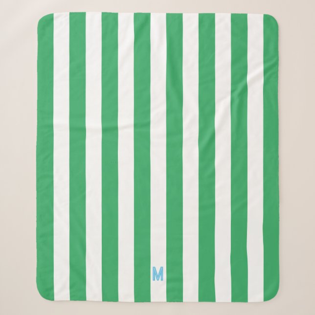 Green Cabana Stripe & Personalized Blue Monogram Sherpa Blanket (Front)