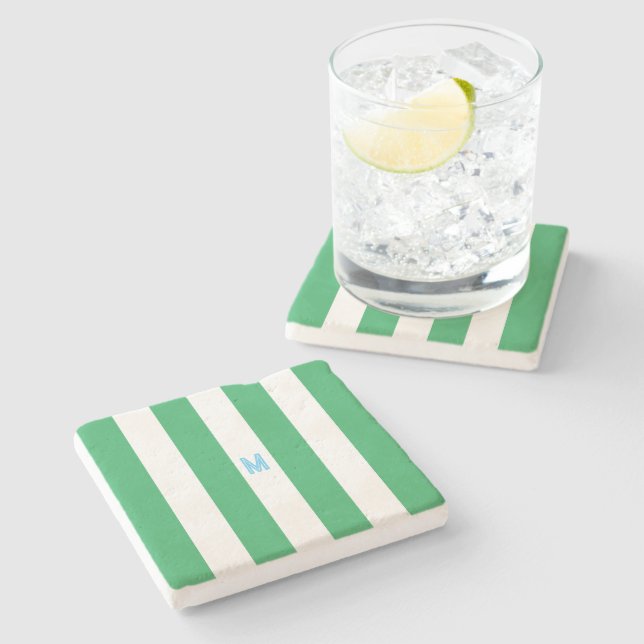 Green Cabana Stripe & Personalized Blue Monogram Stone Coaster (Side)