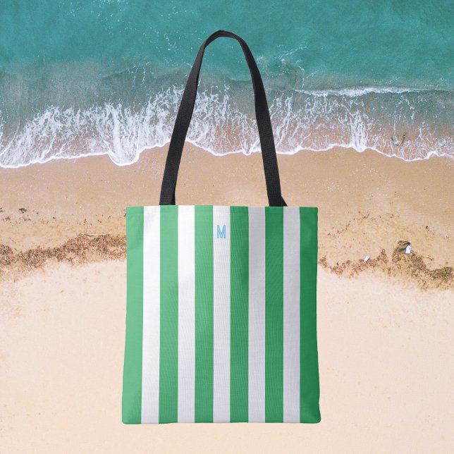 Green Cabana Stripe & Personalized Blue Monogram Tote Bag (Creator Uploaded)