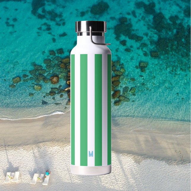 Green Cabana Stripe & Personalized Blue Monogram Water Bottle (Creator Uploaded)