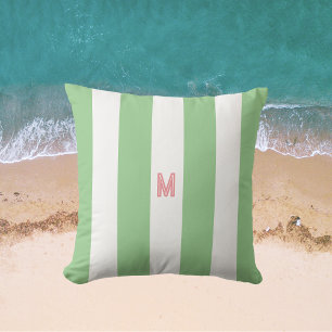Green Cabana Stripe & Personalized Pink Monogram Outdoor Pillow
