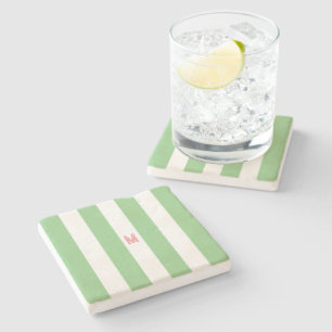 Green Cabana Stripe & Personalized Pink Monogram Stone Coaster