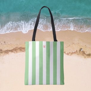 Green Cabana Stripe & Personalized Pink Monogram Tote Bag