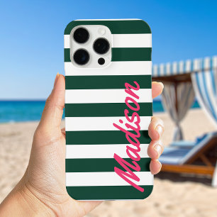 Green Cabana Stripes Retro Monogram iPhone 16 Pro Max Case