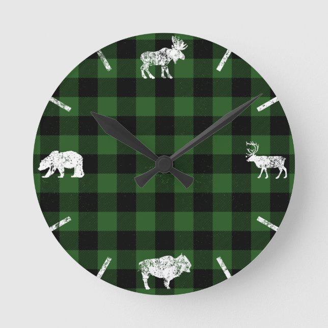 Green Cabin Buffalo Plaid Lumberjack Check Round Clock (Front)