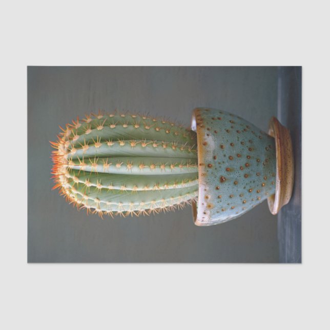 Green Cactus in a Teal Ceramic Pot Decoupage Tissue Paper (Front)