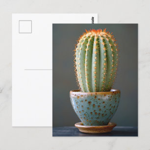 Green Cactus in a Teal Ceramic Pot Photography Postcard