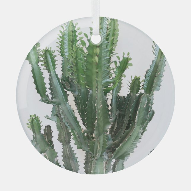 Green Cactus: Minimalist White Background Glass Ornament (Front)