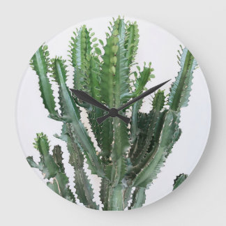 Green Cactus: Minimalist White Background Large Clock