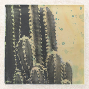 Green Cactus on Yellow Background Glass Coaster