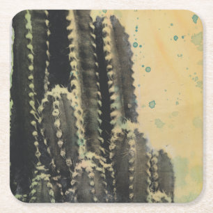 Green Cactus on Yellow Background Square Paper Coaster