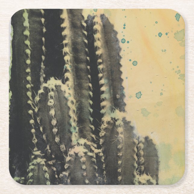 Green Cactus on Yellow Background Square Paper Coaster (Front)