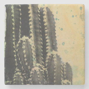 Green Cactus on Yellow Background Stone Coaster