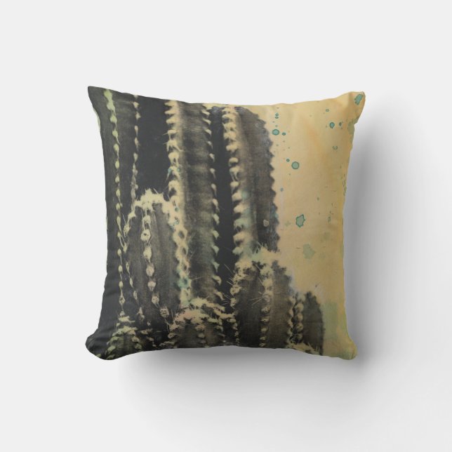 Green Cactus on Yellow Background Throw Pillow (Front)