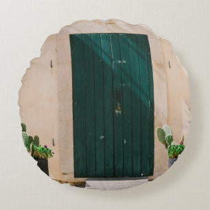 GREEN CACTUS PLANT NEAR GREEN DOOR ROUND PILLOW