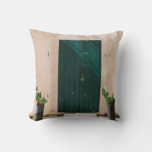 GREEN CACTUS PLANT NEAR GREEN DOOR THROW PILLOW