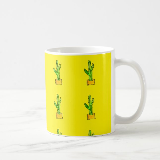 Green Cactus Yellow Background Pattern Coffee Mug (Right)
