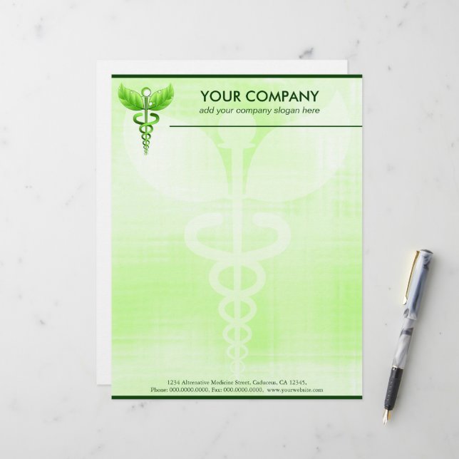 Green Caduceus Alternative Medicine Medical Symbol Letterhead (Front/Back In Situ)