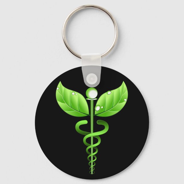 Green Caduceus Medical Alternative Medicine Black Keychain (Front)